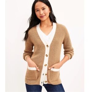Ann Taylor LOFT Tipped Boyfriend V-Neck Button Down Cardigan Sweater Tan Medium